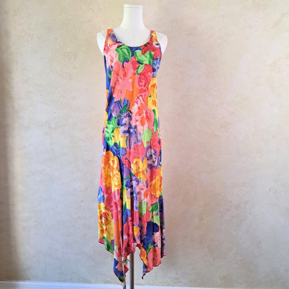 VTG Y2k JAMS WORLD Splendor Hankie Hem Midi Maxi Dress XS Floral Rayon Hawaiian